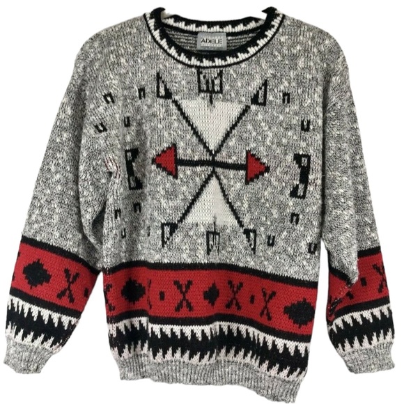 Vintage Sweaters - Vtg 90s Sweater Slouchy Gray Black Red Graphic Knit Top Size Small Arrows USA